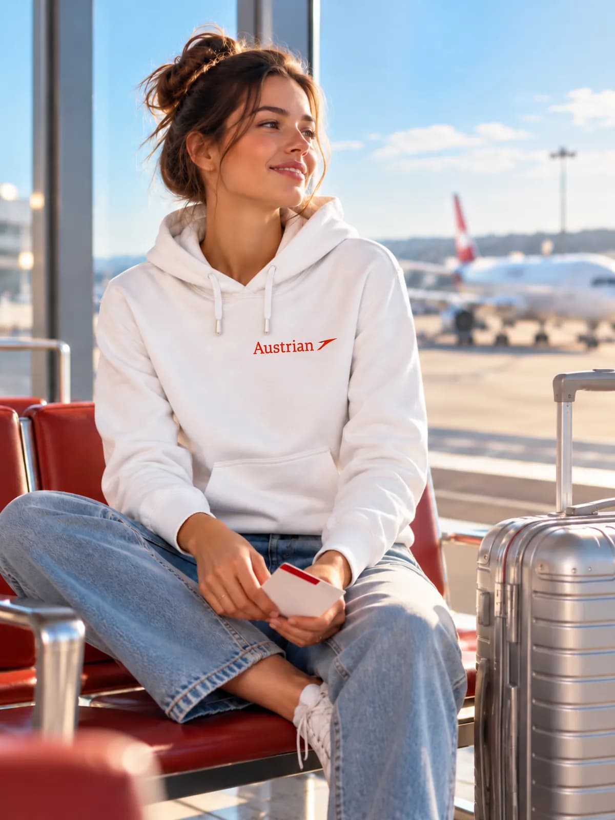 Frau im weißen Austrian-Kapuzensweater sitzt mit Bordkarte im Wartebereich am Gate